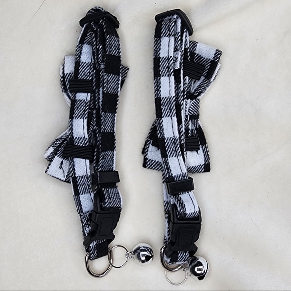 2 Black & White Buffalo Plaid Breakaway Pet Collars With Silver Bells - Picture 7 of 8